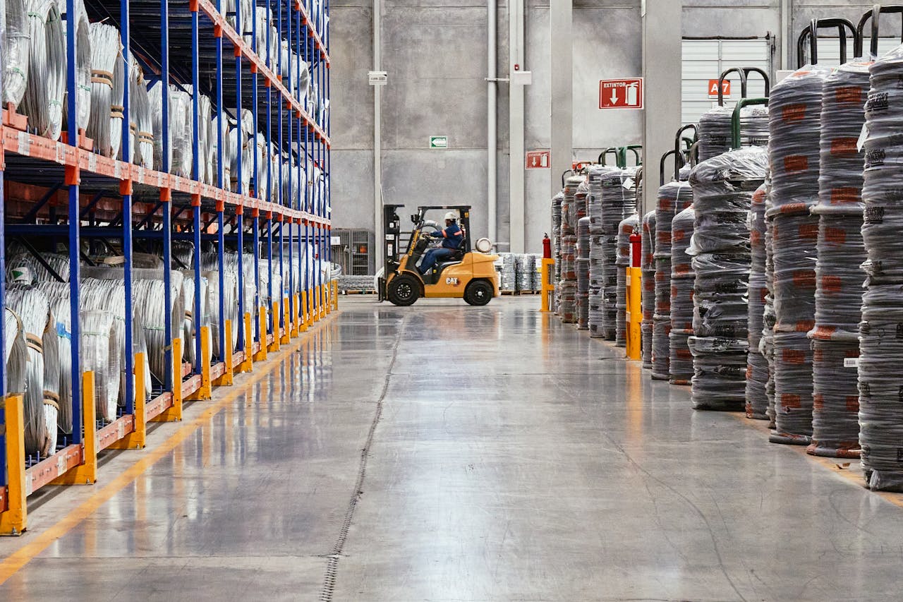 services-02 A forklift operates in an industrial warehouse with stacked goods. Efficient distribution setting.