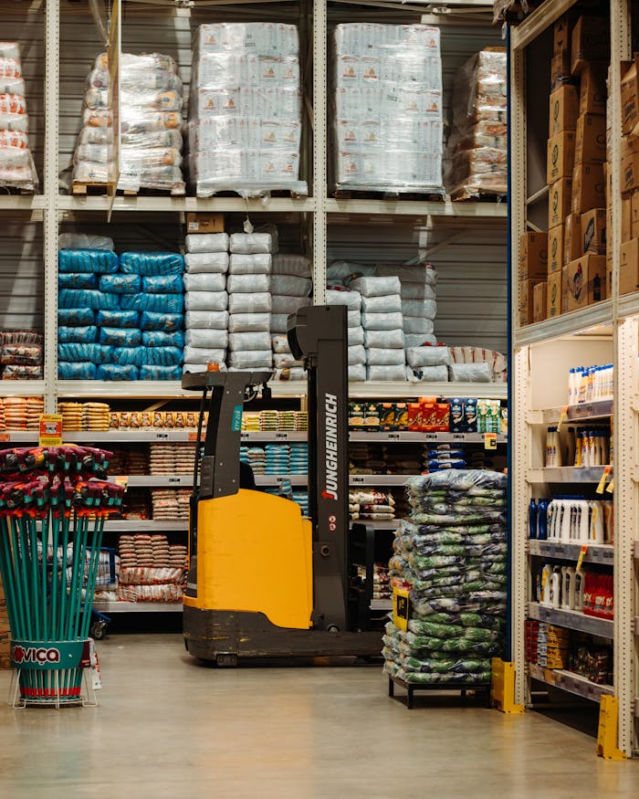 about-us A warehouse with stacked goods, shelves, and a forklift in Brazil.
