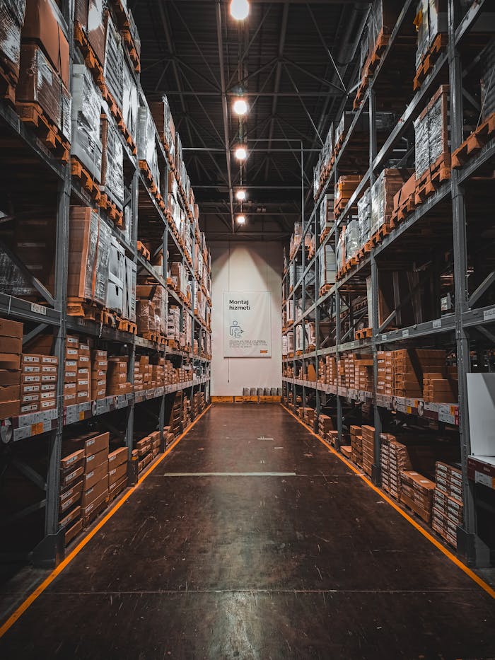 services-04 A well-organized warehouse aisle with stacks of goods on industrial storage racks, ensuring efficient logistics.