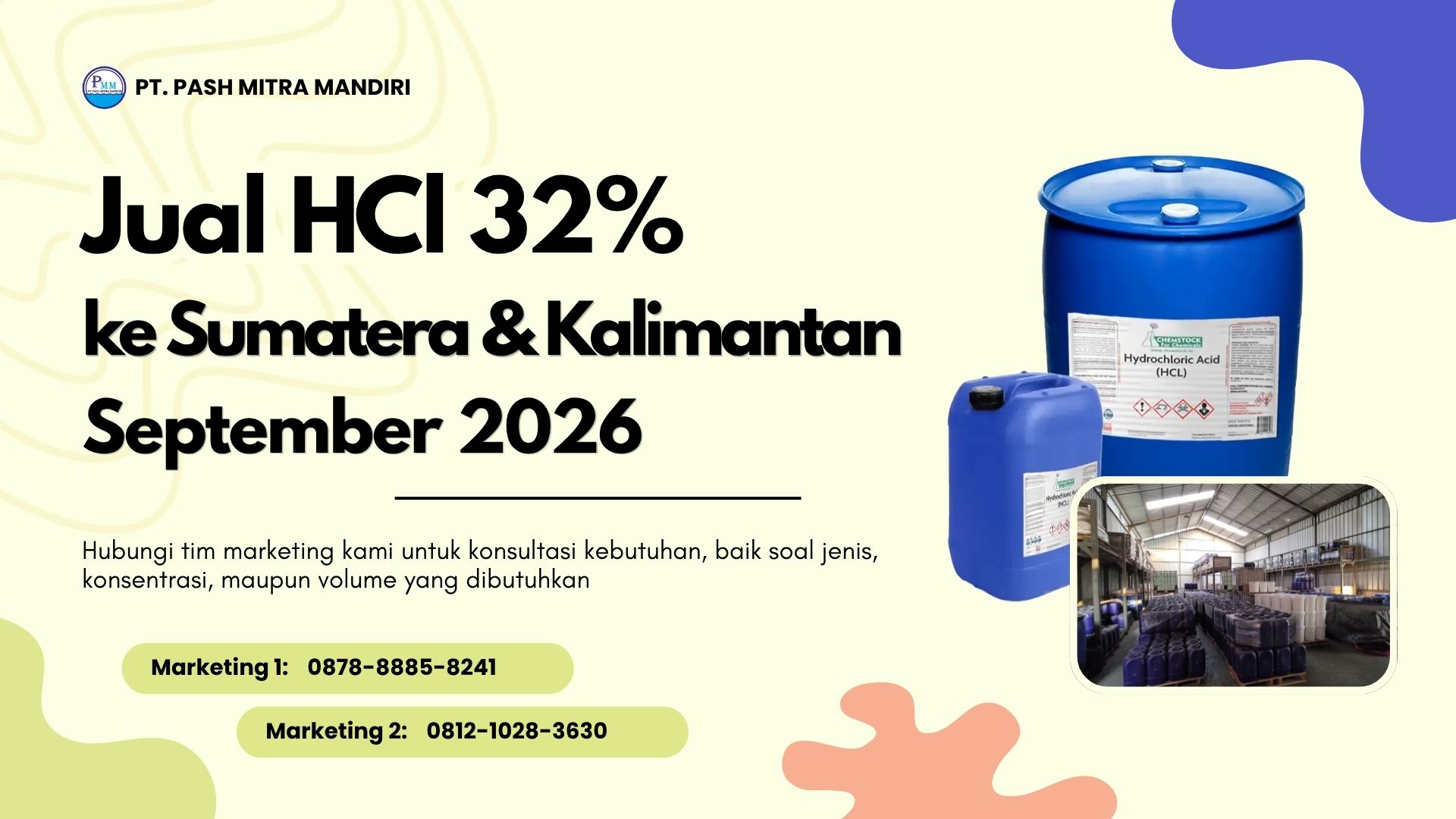 Jual HCl 32% ke Sumatera dan Kalimantan September 2026